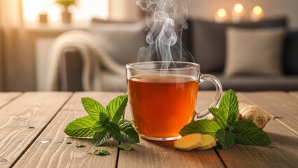 glass cup herbal ginger tea fresh mint wooden table. Warm sunlight cozy living room background. Perfect for health blogs, flu remedy articles, wellness marketing, relaxation lifestyle concepts.