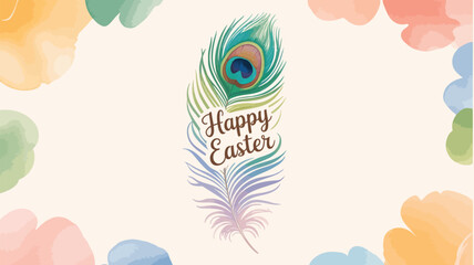 Elegant happy easter greeting card featuring a vibrant peacock feather and soft watercolor floral accents