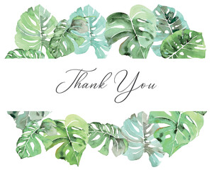 Elegant thank you greeting card design set with exotic tropical foliage.Features hand-drawn style palm, the leaves creating a fresh inspired look. Ideal for wedding,birthday,general gratitude messages