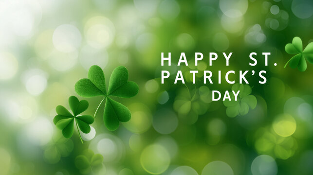 background bokeh, HAPPY ST. PATRICK'S DAY. Green shamrocks blurred in the foreground, white typography on defocused background, banner template design for web, poster, magazine, or presentation. - Powered by Adobe