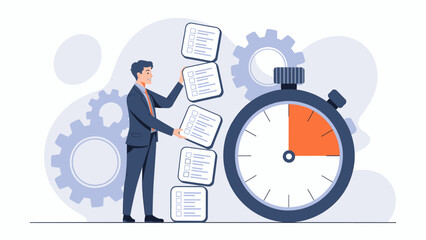 businessman managing multiple tasks next to a stopwatch, vector illustration for time management, productivity, and meeting deadlines