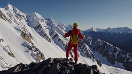 An adventurous climber stands at sunrise on snowy summit of a winter peak, feeling triumphant