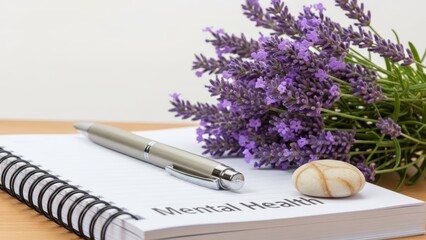 notebook with Mental Health text, pen, zen stone, lavender bunch wooden table. Calming composition for wellness blogs, therapy websites, psychology articles, stress relief content, mindfulness journal