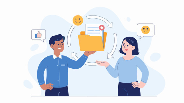 colleagues sharing a file folder with positive feedback icons, vector illustration for teamwork, document management, and effective collaboration