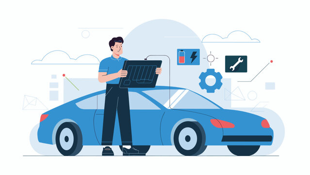 mechanic running diagnostics on an electric car with a tablet, vector illustration for ev service, automotive repair, and modern vehicle technology
