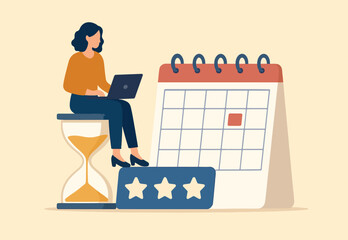 Calendar deadline to finish work, time countdown to launch date, reminder or planner, organize work or project management concept, businesswoman work computer laptop on sandglass and calendar date