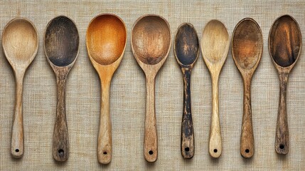 Wooden spoons of various shapes and sizes arranged in a row