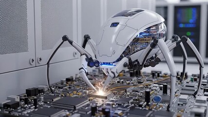 Robotic spider repairing circuit board in server room. Futuristic automation process from approach to soldering spark in data center. Cloud technology maintenance for advanced computing and 5g - Powered by Adobe