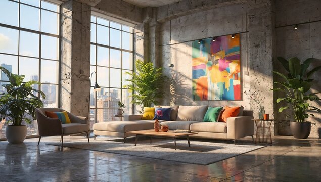 A stylish loft interior with exposed concrete, large windows, and modern furniture in muted tones. Rendered with crisp shadows and realistic depth.
