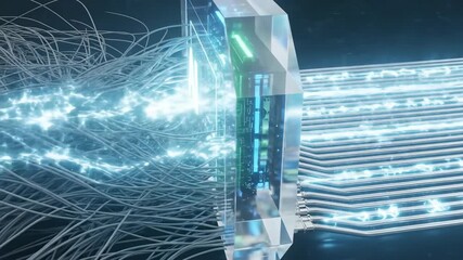 Futuristic AI module powering up in cloud computing animation. Digital 5G technology with glowing energy streams and connecting wires for innovative data processing. video footage video footage - Powered by Adobe