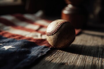 Baseball on Wooden Surface with Flag in Warm Sunlight