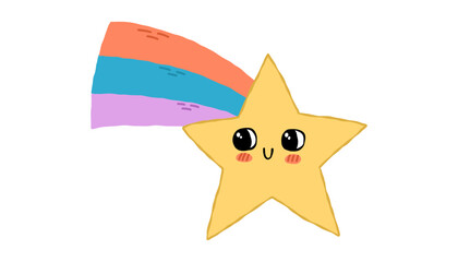 Cute cartoon star with rainbow tail and smile. Hand drawn vector illustration in baby style. Vector illustration on an isolated background.