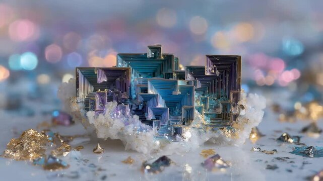 Macro detail of bismuth crystal with iridescent colors, placed on a white background, geometric metallic shapes glowing under light