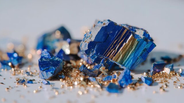 Macro image of titanium ore fragments with subtle blue sheen, sharp contrast against white minimalist background