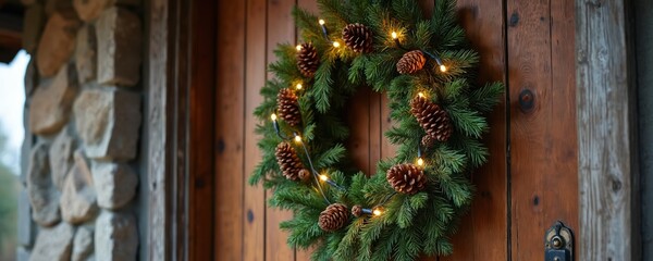 Christmas wreath with pinecones, warm LED lights hangs on rustic wooden barn door. Festive fir branches, warm glow create cozy winter holiday ambiance. Natural elements blend with cozy decor for