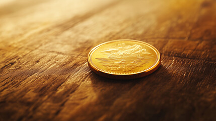 golden coin resting on a wooden surface with warm lighting