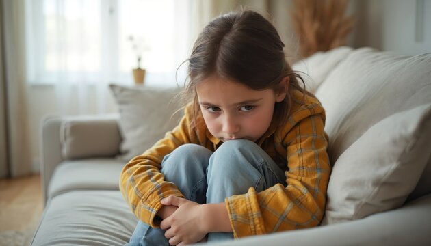 Sad lonely Caucasian girl hugs knees on couch. Young child sits alone indoors feeling frustrated bored anxious. Concerned daughter thinks, family problems, home isolation. Sadness, solitude, mental