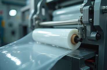 Fototapeta premium Factory machine unwinds roll of clear polyethylene plastic film for product packaging. Industrial production process uses modern automated equipment for manufacturing goods safely and efficiently.