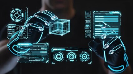 Man wearing digital gloves interacts with holographic displays. Augmented reality sequence showing virtual data manipulation for cloud technology and 5g applications. video footage video footage - Powered by Adobe