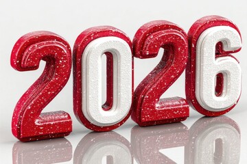 2026 countdown: festive red and white 3D numbers with glitter on a reflective surface