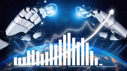 This image showcases a futuristic concept of robotics interacting with data charts, symbolizing the fusion of technology and data-driven insights on a global scale. Copula - Powered by Adobe