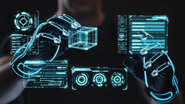 Man wearing digital gloves interacts with holographic displays. Augmented reality sequence showing virtual data manipulation for cloud technology and 5g applications. video footage video footage - Powered by Adobe