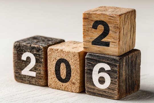 Wooden number cubes stacked to form 2026 for a year or milestone themed image