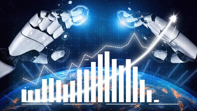 This image showcases a futuristic concept of robotics interacting with data charts, symbolizing the fusion of technology and data-driven insights on a global scale. Copula - Powered by Adobe