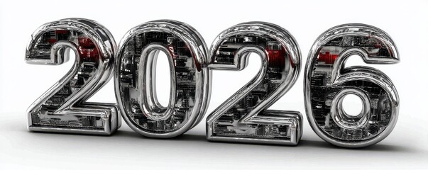 Contemporary chrome numbers form 2026 on a bright silver background, a futuristic digital art piece