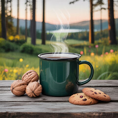 Hot cup of coffee with sweet chocolate cookies on a white cafe table for a morning snack