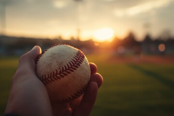 Close-Up of Hand Holding Baseball at Sunset with Green Outfield Background
