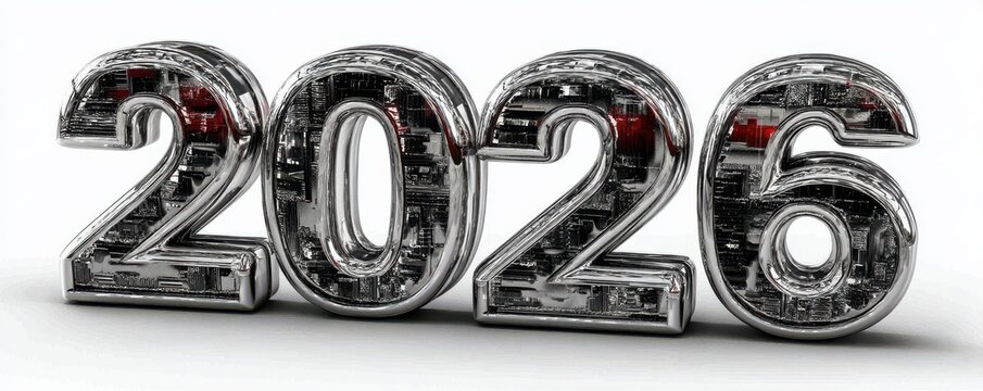 Contemporary chrome numbers form 2026 on a bright silver background, a futuristic digital art piece