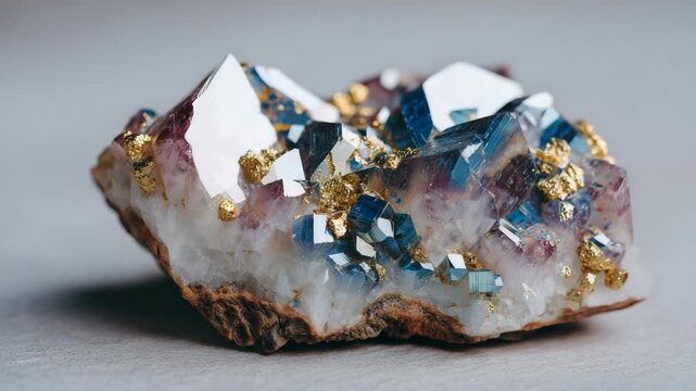 Macro shot of mineral crystals with metallic luster on a white background, intricate facets reflecting subtle light gradients
