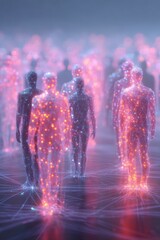 Futuristic Digital Environment with Neon Nodes and Human Silhouettes