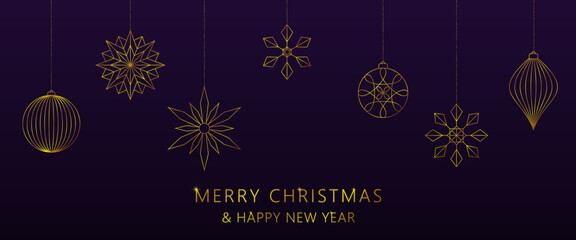 Merry Christmas and Happy New Year Banner. Golden Tree Ornaments Vector Design