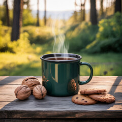 Hot cup of coffee with sweet chocolate cookies on a wooden table, a delicious breakfast drink