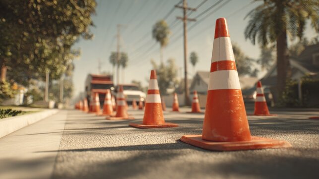 Streetscape featuring a gentle lane closure with traffic cones lining the road, showcasing urban infrastructure and safety measures in a vibrant neighborhood - Powered by Adobe