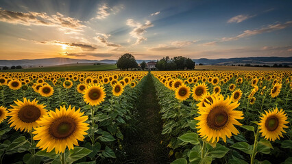 An expansive field of vibrant sunflowers basks in the golden light of the setting sun.