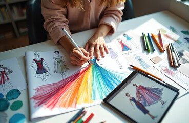 Female fashion designer drawing colorful dress sketch on paper. Woman working on design, using tablet. Creative process at workplace. Art and design concept at studio.