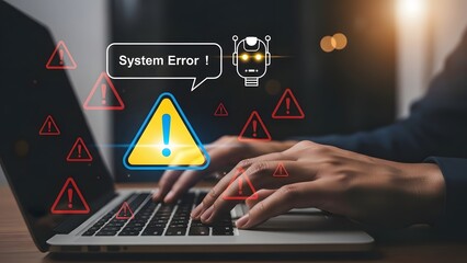 System error on laptop screen with robot warning and triangle icons