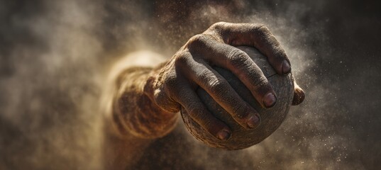 Close-up of Hand Gripping Ball with Dust and Sunlight in Sports Scene