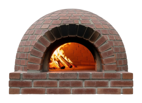 Baking delicious pizzas in a traditional brick oven cozy kitchen isolated on transparent background