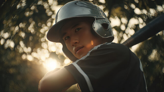 East Asian Youth Baseball Player in Action with Silver Helmet
