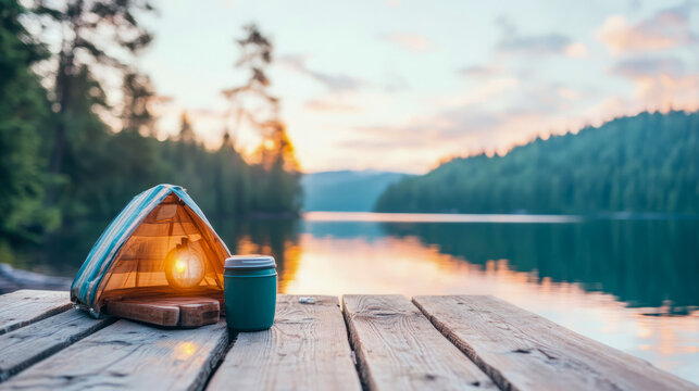 Idyllic lakeside camping scene featuring glowing tiny tent and teal mug on rustic dock at dawn or dusk, reflecting nature's beauty.