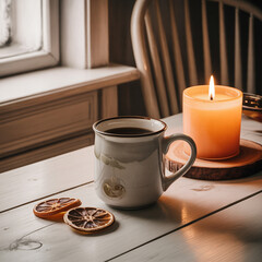 Hot coffee cup with sweet chocolate cookies on a wooden table perfect for a morning breakfast drink