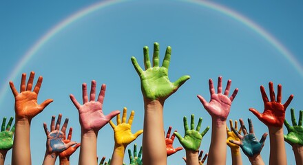 Colorful painted hands raised up against a blue sky rainbow overhead
