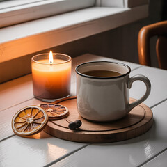 Morning still life with hot black tea, coffee, candle, and sweet breakfast food on a brown table