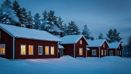 Scenic snow-covered cabins in a serene winter landscape.