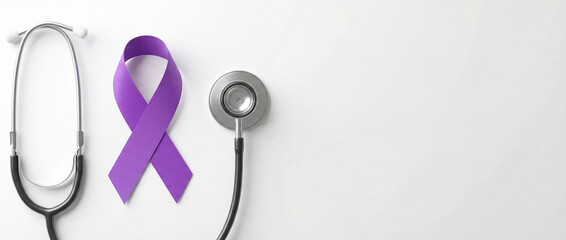 Flat lay of stethoscope and purple ribbon for cancer awareness on white studio background, panoramic banner with copy space