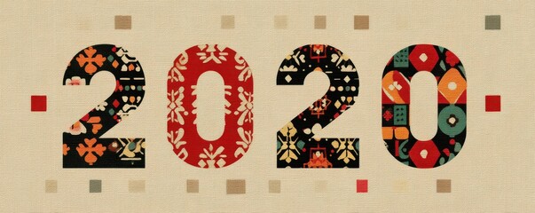 Decorative 2020 design with floral and geometric patterns on a beige textured background